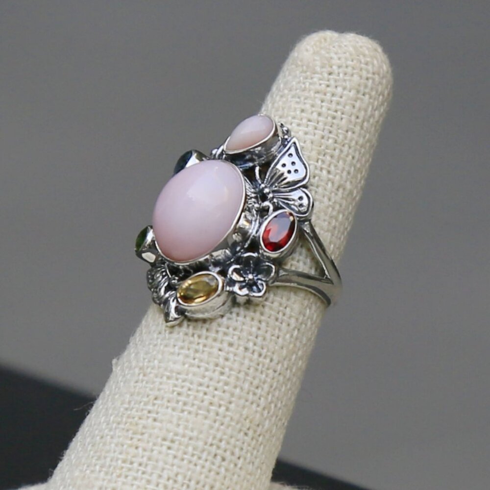 Bali Legacy ✦ Pink Opal & Multi Gemstone Ring ✦ 5.40ctw Sterling Silver Floral - Picture 3 of 16